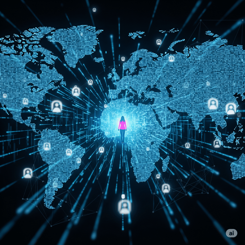 Cybersicherheit leicht gemacht Eine Person, deren digitaler Fußabdruck in Form von leuchtenden Datenpunkten und subtilen Tracking-Symbolen über eine Weltkarte oder ein globales Netzwerk verteilt ist, symbolisiert die Illusion von Online-Anonymität und die Verbreitung digitaler Spuren.