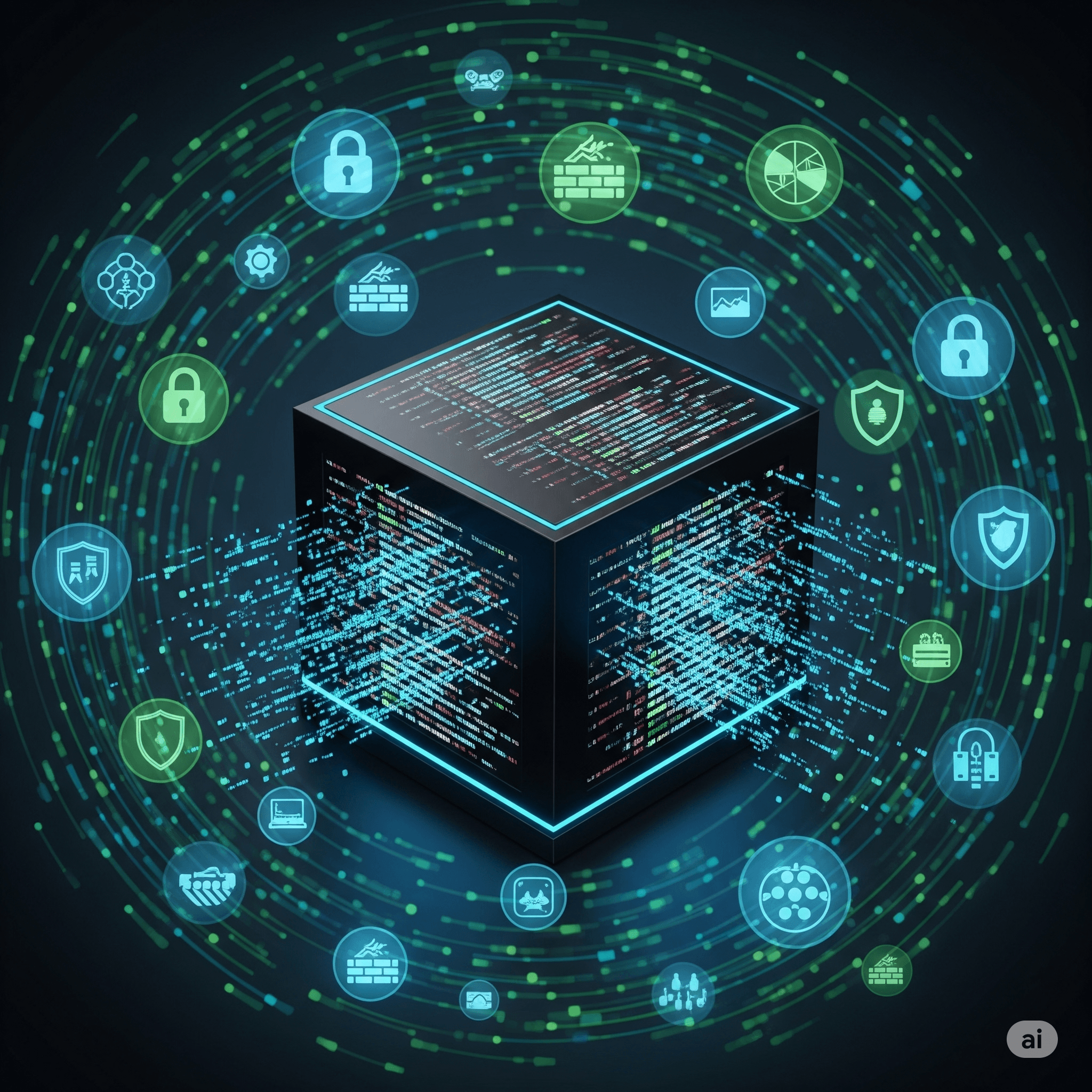Ein schwarzer, leuchtender W&uuml;rfel, der eine digitale Blackbox voller Code darstellt, umgeben von einem Kreis aus verschiedenen Cybersicherheitssymbolen wie Schl&ouml;ssern, Firewalls und Schilden, die Online-Sicherheit und den Schutz digitaler Daten visualisieren.