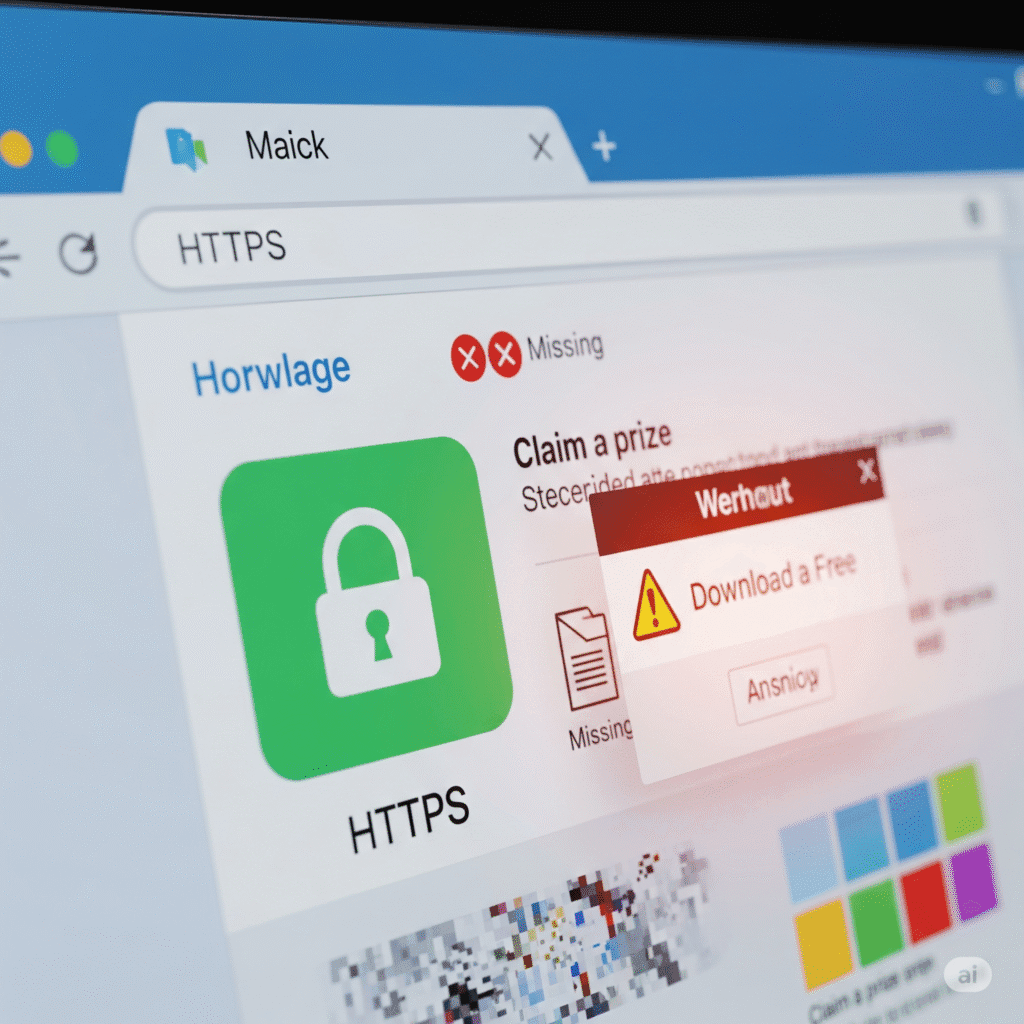 Cybersicherheit leicht gemacht Ein Webbrowser-Fenster, das ein https-Schloss-Symbol für Sicherheit anzeigt, aber gleichzeitig subtile Warnzeichen wie defekte Links oder verdächtige Pop-ups aufweist, um auf die Notwendigkeit der Vorsicht beim Besuch von Webseiten hinzuweisen.