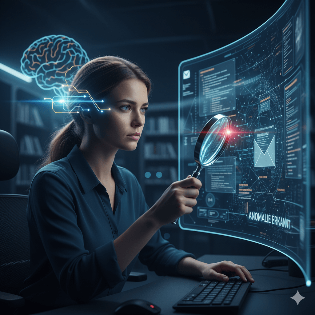 Person mit Hyperfokus und unkonventionellem Denken analysiert komplexe digitale Muster f&uuml;r IT-Sicherheit