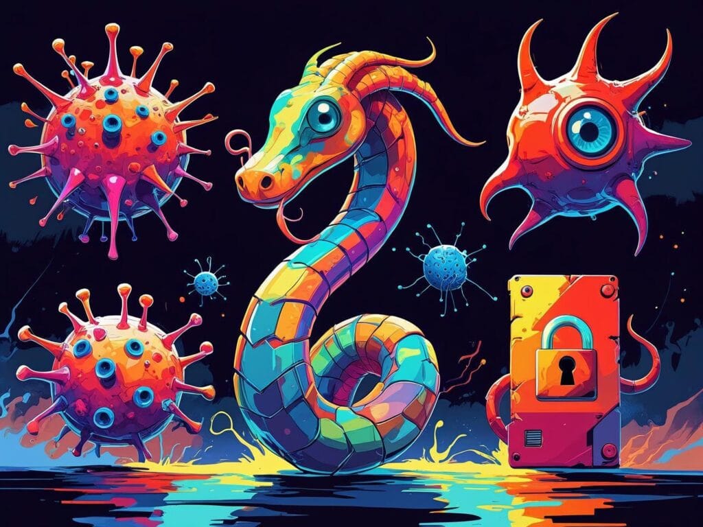 Bunte, stilisierte Darstellungen von Malware-Typen wie Viren (stachelige Kugeln), W&uuml;rmer (schlange&auml;hnlich) und Ransomware (Vorh&auml;ngeschloss auf Box), symbolisieren digitale Sch&auml;dlinge und Cyberangriffe