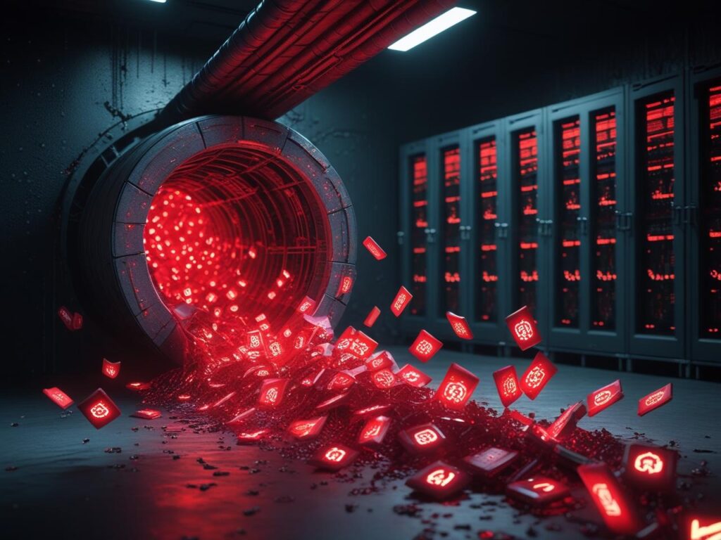 Digitale Daten entweichen aus Tunnel, symbolisiert Datenleck und Cyberangriff