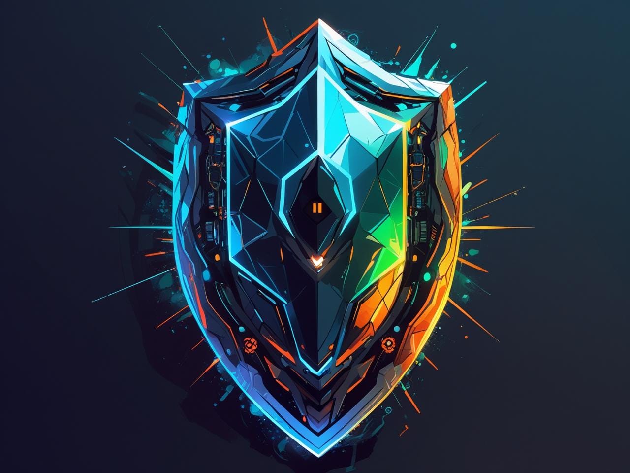 Futuristischer digitaler Schutzschild mit leuchtenden blau-gr&uuml;nen und orangen Akzenten auf dunklem Hintergrund, symbolisiert Cybersicherheit und Abwehr von Cyberangriffen