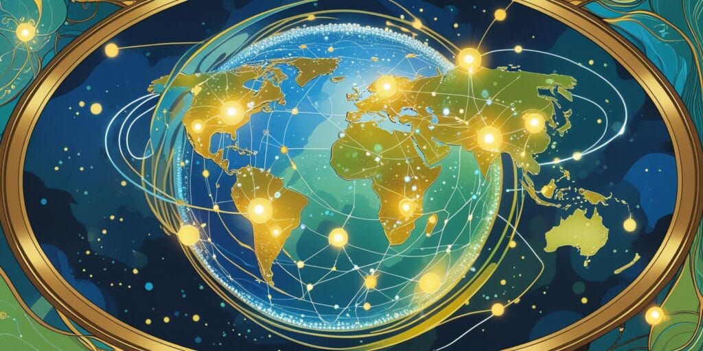 Globale Landkarte mit leuchtenden Netzwerkknoten und Verbindungen, umrahmt von einem goldenen Oval, symbolisiert eine sicher vernetzte digitale Welt