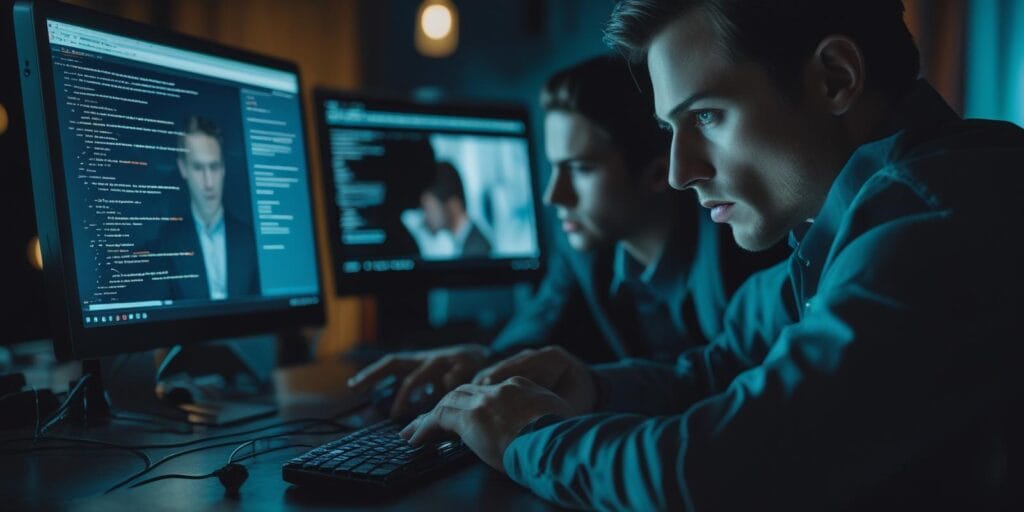 Zwei Personen arbeiten konzentriert an Computern im Dunkeln, Bildschirme zeigen Code und Portr&auml;ts, symbolisiert komplexe digitale Arbeit oder Hacking.
