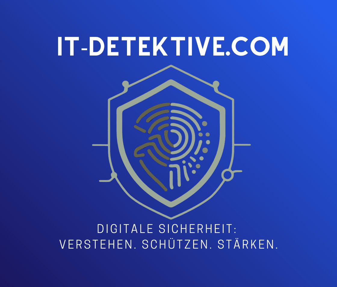 Logo von IT-DETEKTIVE.COM: Ein Wappenschild in Blaut&ouml;nen, das ein stilisiertes Fingerabdruck-Symbol zeigt, das zur H&auml;lfte aus einem Bin&auml;rcode-Muster besteht, umgeben von Schaltungselementen. Unter dem Schild steht der Slogan 'DIGITALE SICHERHEIT: VERSTEHEN. SCH&Uuml;TZEN. ST&Auml;RKEN.'. Das Design symbolisiert umfassende IT-Sicherheit und digitales Verstehen, mit einem besonderen Fokus auf Zug&auml;nglichkeit und St&auml;rkung f&uuml;r neurodiverse Menschen.