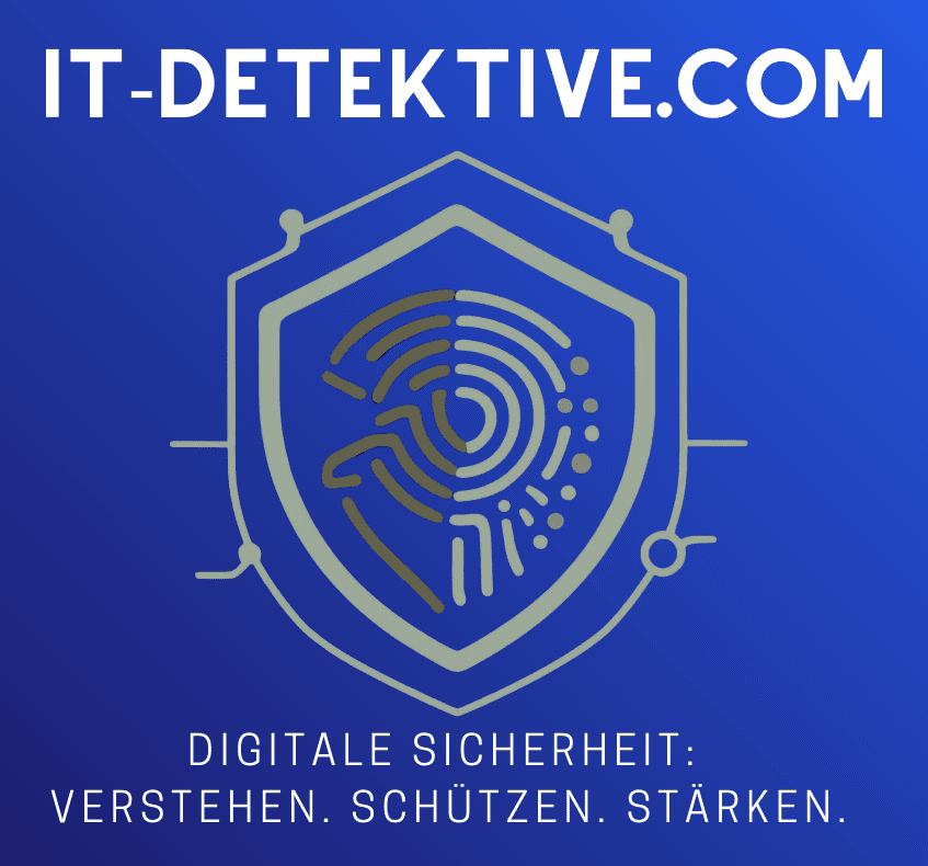 Logo von IT-DETEKTIVE.COM: Ein Wappenschild in Blaut&ouml;nen, das ein stilisiertes Fingerabdruck-Symbol zeigt, das zur H&auml;lfte aus einem Bin&auml;rcode-Muster besteht, umgeben von Schaltungselementen. Unter dem Schild steht der Slogan 'DIGITALE SICHERHEIT: VERSTEHEN. SCH&Uuml;TZEN. ST&Auml;RKEN.'. Das Design symbolisiert umfassende IT-Sicherheit und digitales Verstehen, mit einem besonderen Fokus auf Zug&auml;nglichkeit und St&auml;rkung f&uuml;r neurodiverse Menschen.