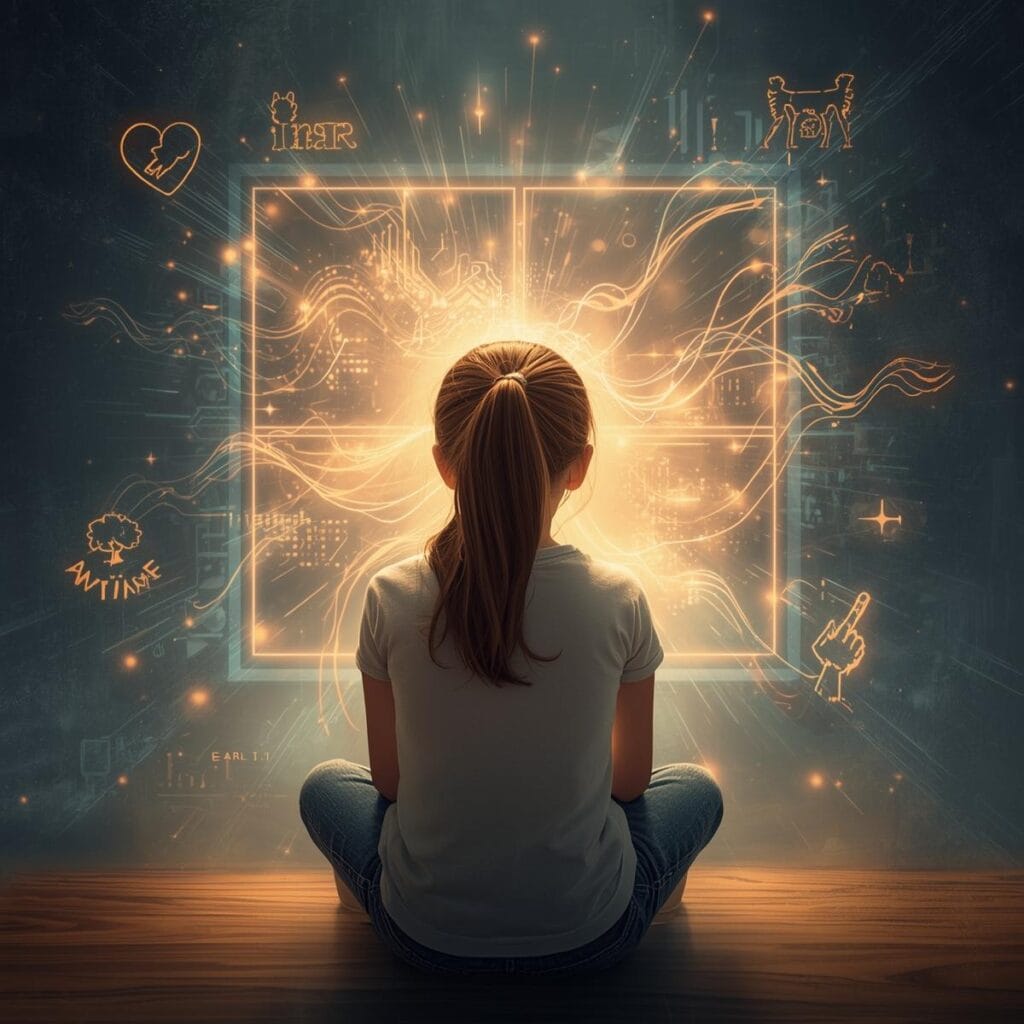 Ein Bild zu Cybermobbing & ADHS zeigt ein junges M&auml;dchen, das in einer digitalen Welt entschlossen den symbolischen Wellen von Cybermobbing standh&auml;lt. Sie ist umgeben von leuchtenden Zeichen der inneren St&auml;rke.