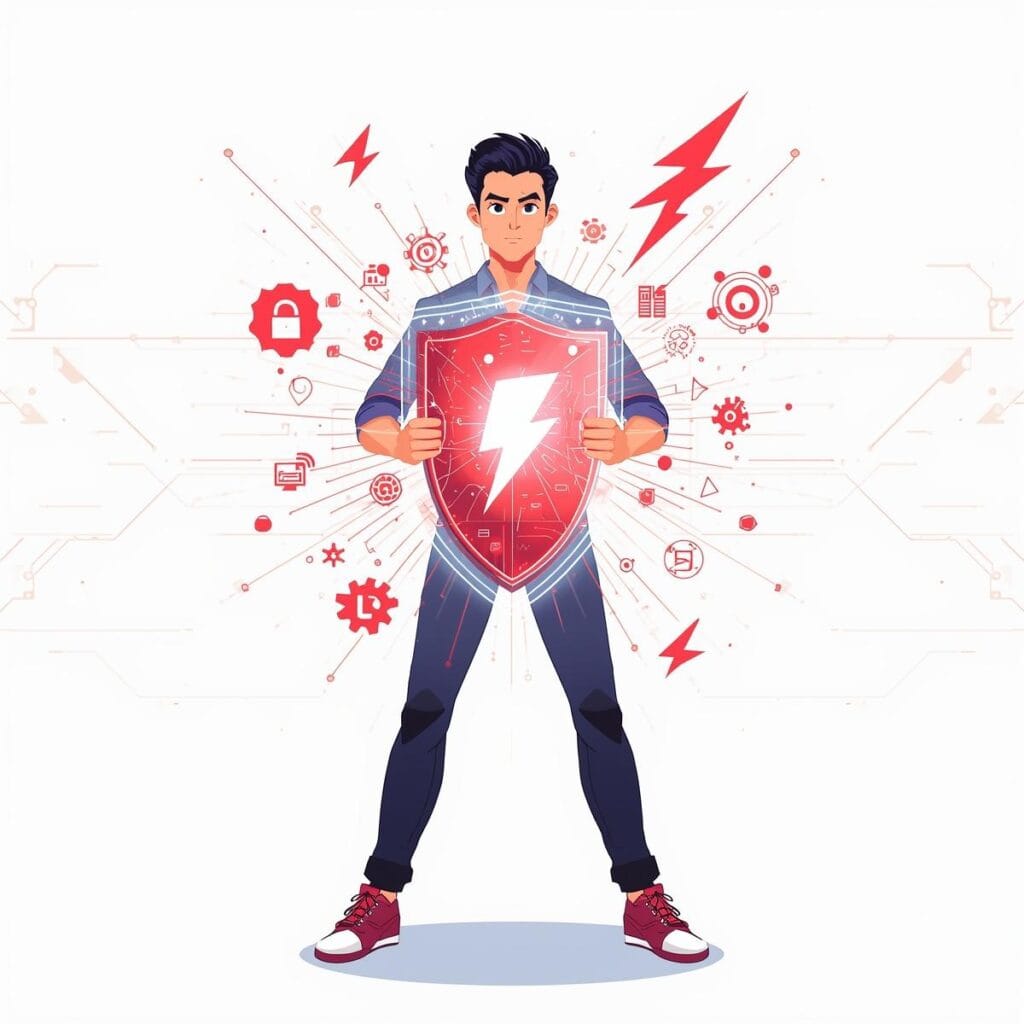 Eine Person h&auml;lt einen leuchtenden, digitalen Schutzschild, der symbolische Cybermobbing-Angriffe abwehrt. Das Bild steht f&uuml;r Selbsterm&auml;chtigung und digitale Sicherheit im Umgang mit ADHS.