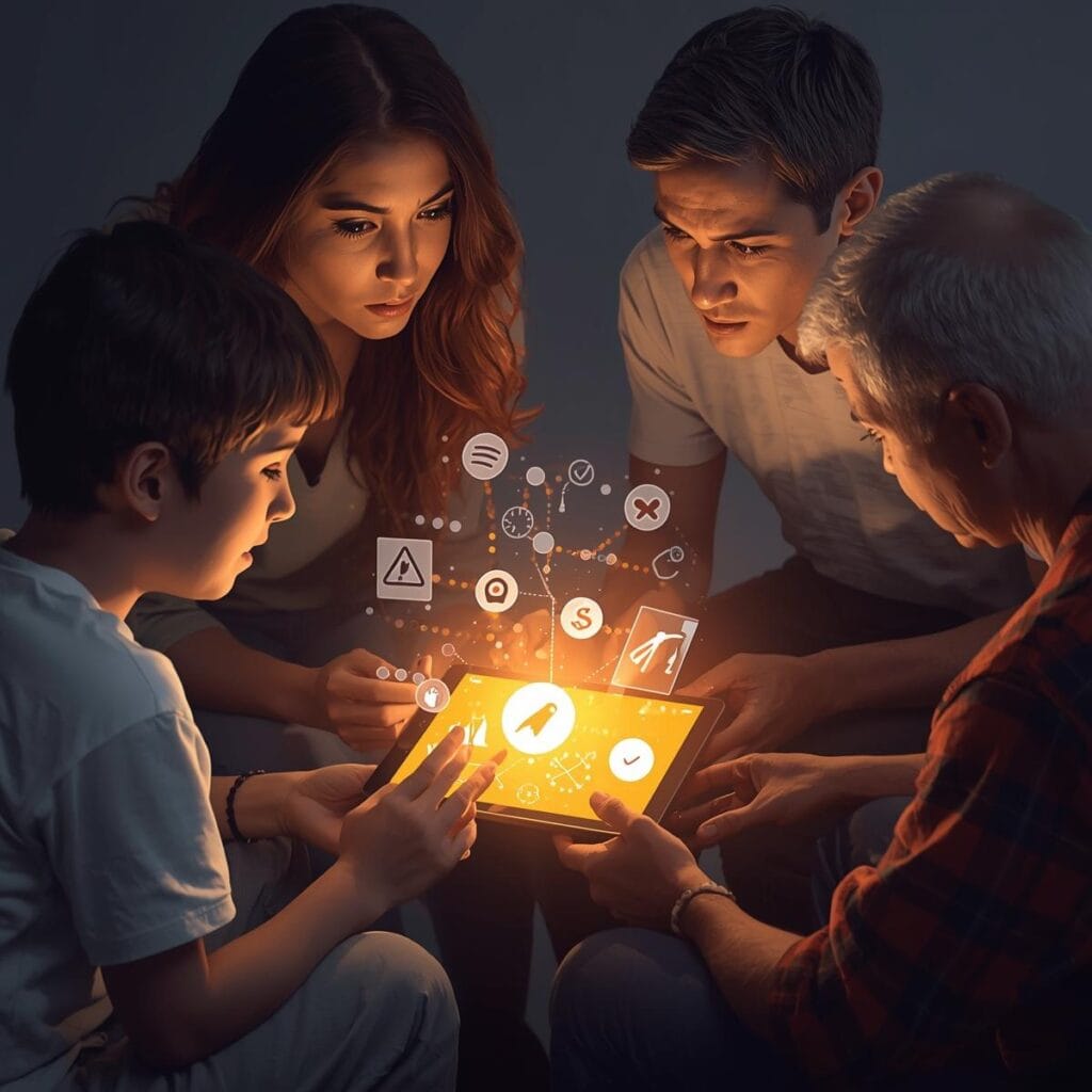 Eine altersgemischte Gruppe (Kind, Teenager, Erwachsene) sitzt um ein leuchtendes Tablet, das Symbole von Cybermobbing und ADHS-St&auml;rken anzeigt. Das Bild visualisiert ein unterst&uuml;tzendes Gespr&auml;ch &uuml;ber Neurodiversit&auml;t und digitale Herausforderungen.