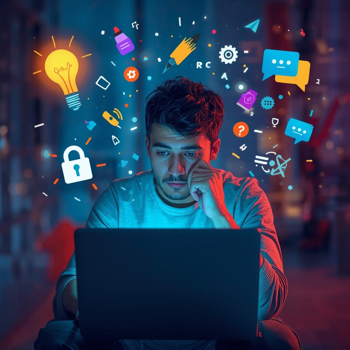 Ein nachdenklicher Mensch sitzt vor einem Laptop. Icons, die ADHS-Symptome und Cybermobbing-Herausforderungen darstellen, schweben um sie herum, w&auml;hrend Symbole f&uuml;r Sicherheit und St&auml;rken hervorstechen.