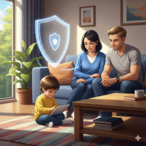 Eine Familie sitzt im Wohnzimmer: Ein Kind spielt konzentriert auf einem Tablet, w&auml;hrend die Eltern l&auml;chelnd zusehen. &Uuml;ber ihnen schwebt ein leuchtendes digitales Schildsymbol, das Online-Schutz und Sicherheit in der digitalen Welt darstellt.