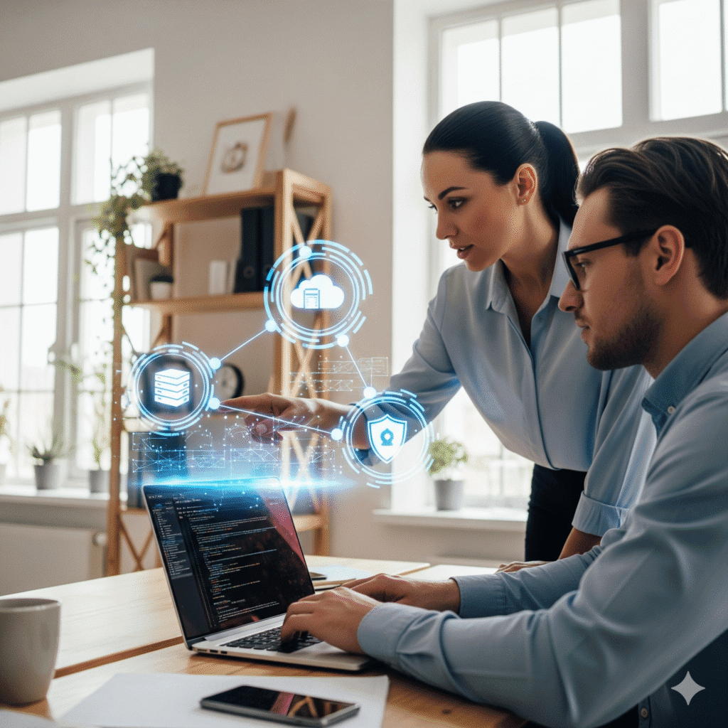 IT-Sicherheit f&uuml;r alle: Beratung von Erwachsenen (Privat & Beruf) zu Phishing-Abwehr und Datensicherung; dargestellt durch Personen, die digitale Sicherheits-Symbole am Laptop pr&uuml;fen.