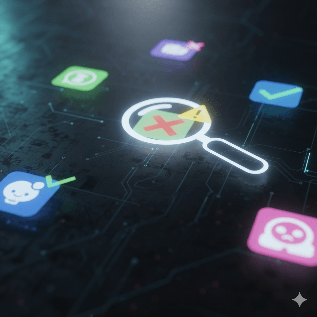 Lupe pr&uuml;ft verschiedene App-Icons auf einem Bildschirm, symbolisiert App-Sicherheit