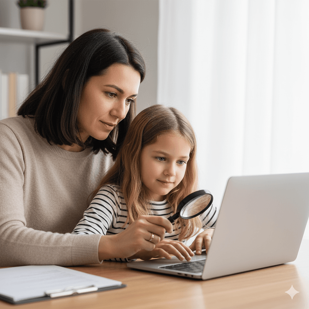 Mutter und Kind mit Detektivhut pr&uuml;fen gemeinsam Passw&ouml;rter und Sicherheitseinstellungen am Laptop.