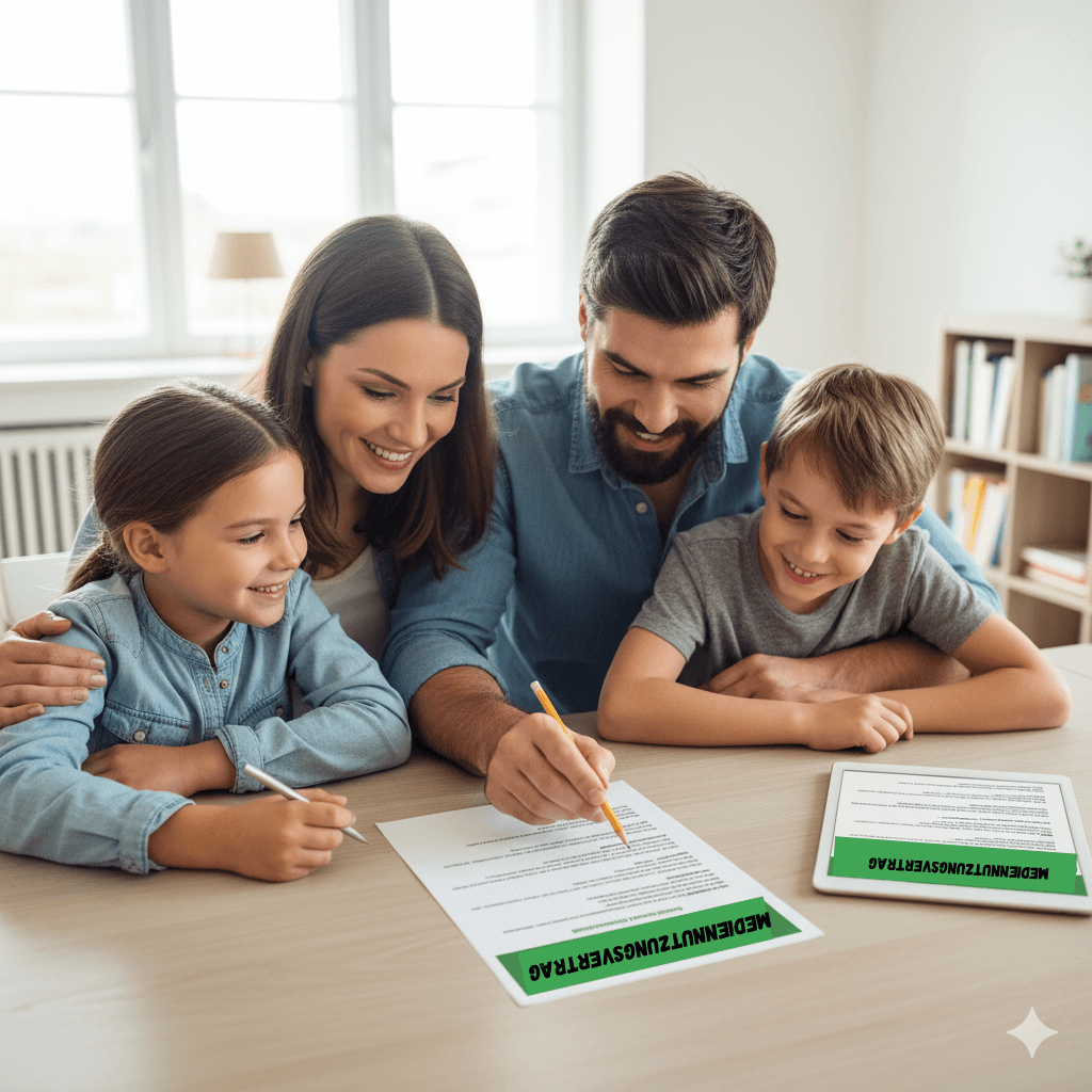 Familie bespricht und unterschreibt gemeinsam einen Mediennutzungsvertrag