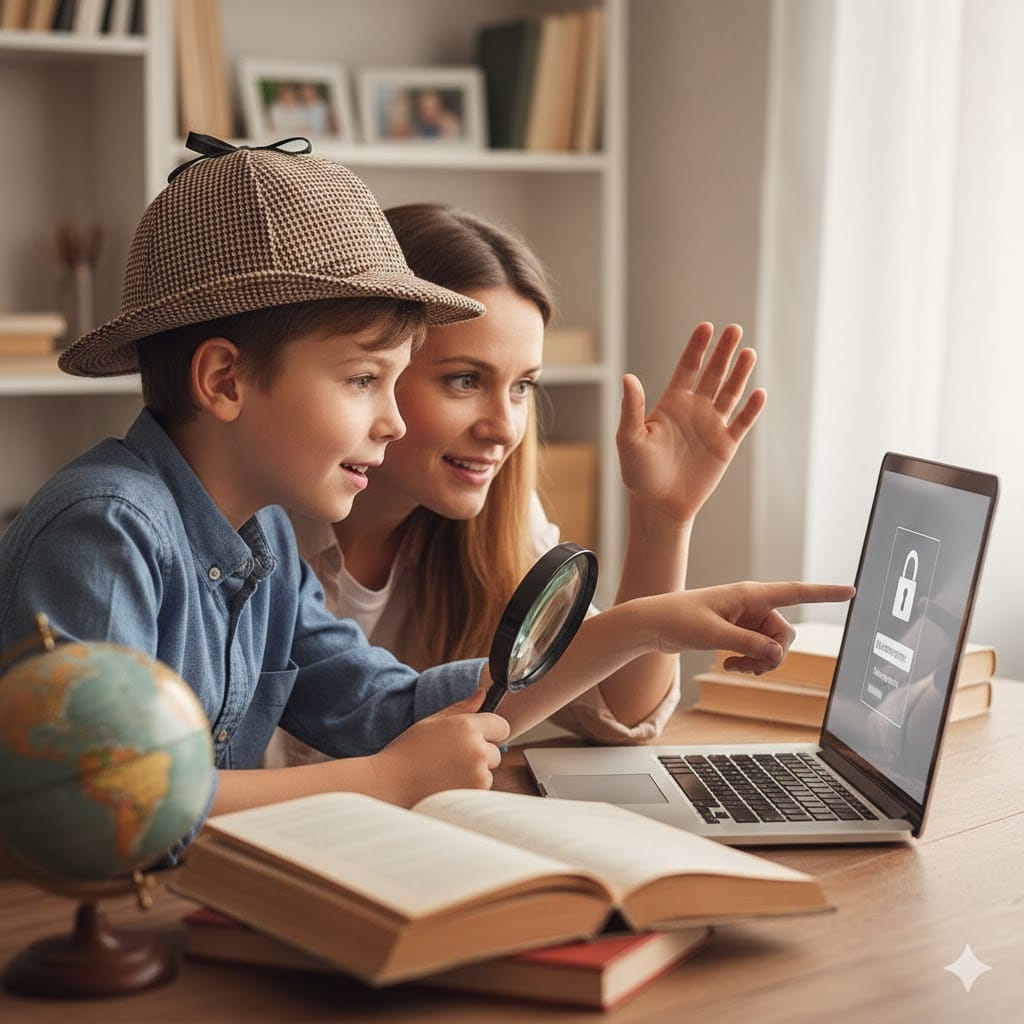 Eltern und Kind lernen gemeinsam IT-Sicherheit am Laptop