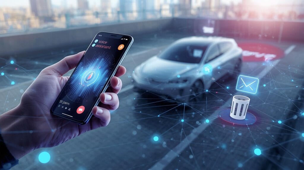 KI als unser unsichtbarer Helfer im Alltag: Collage aus Sprachassistent, Spam-Filter und autonomem Fahren.