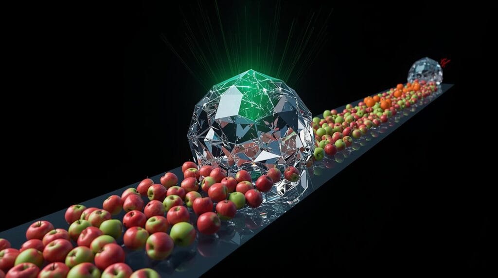 KI als unsichtbarer Helfer im Lernprozess: Raytracing-Darstellung, wie eine KI-Struktur lernt, &Auml;pfel aus Datenstr&ouml;men zu erkennen und zu klassifizieren.