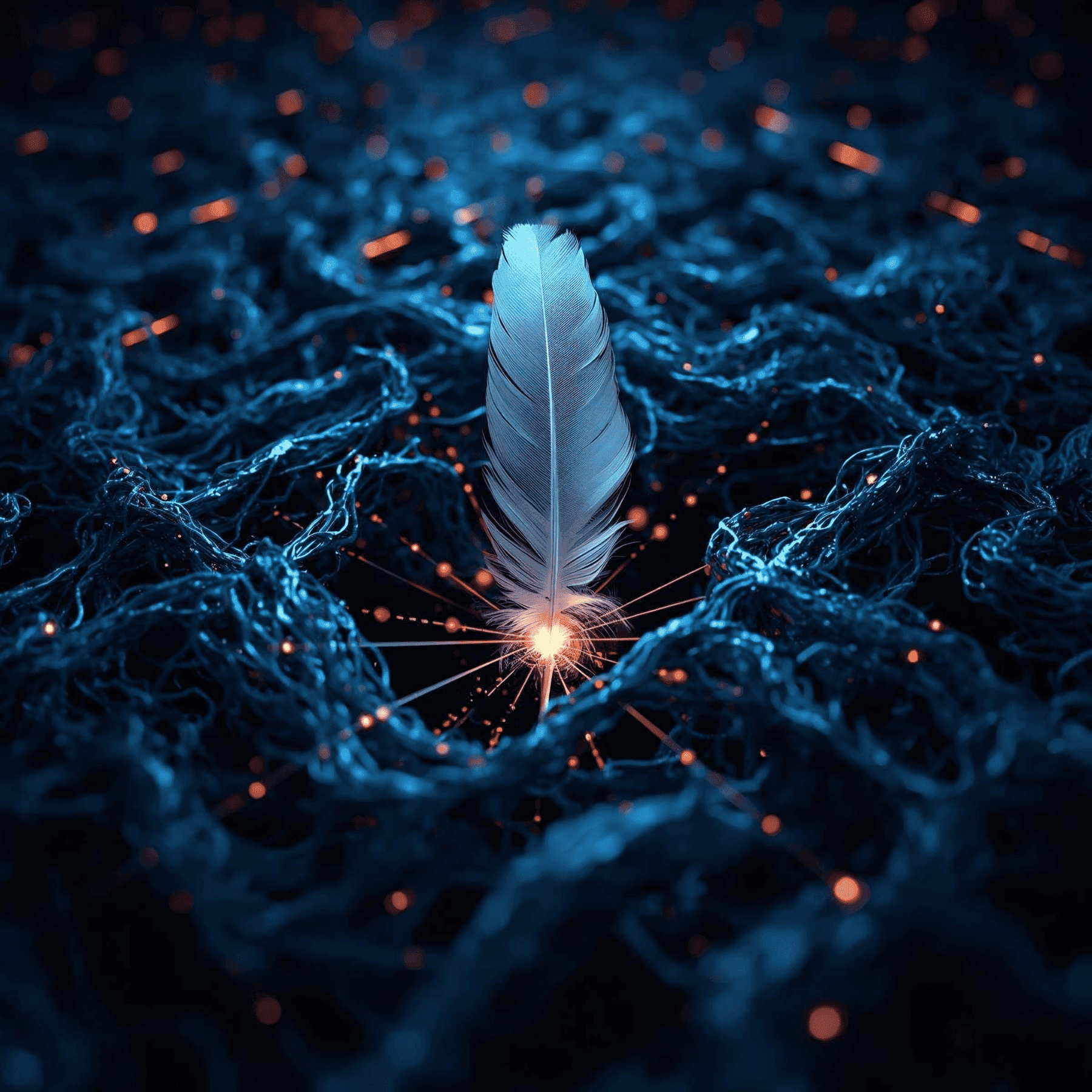 Eine schwebende Feder strukturiert ein chaotisches Labyrinth mit pr&auml;zisen, leuchtenden, geometrischen Vektoren. Symbolisiert unsichtbare, ordnende KI.