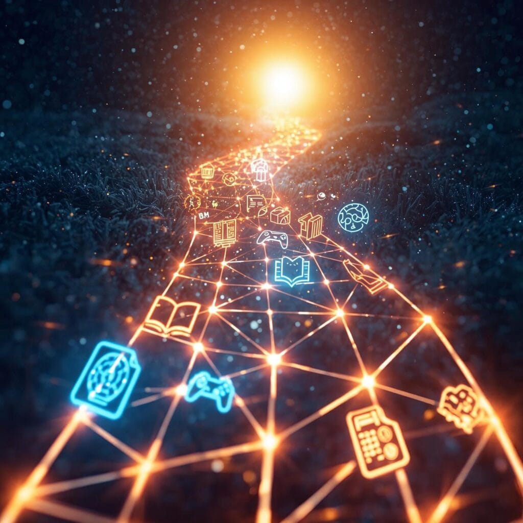 Illuminierter Lernpfad mit unterschiedlichen Lernsymbolen (Quiz, Mindmap) f&uuml;r die strukturierte Vermittlung von IT-Sicherheit.